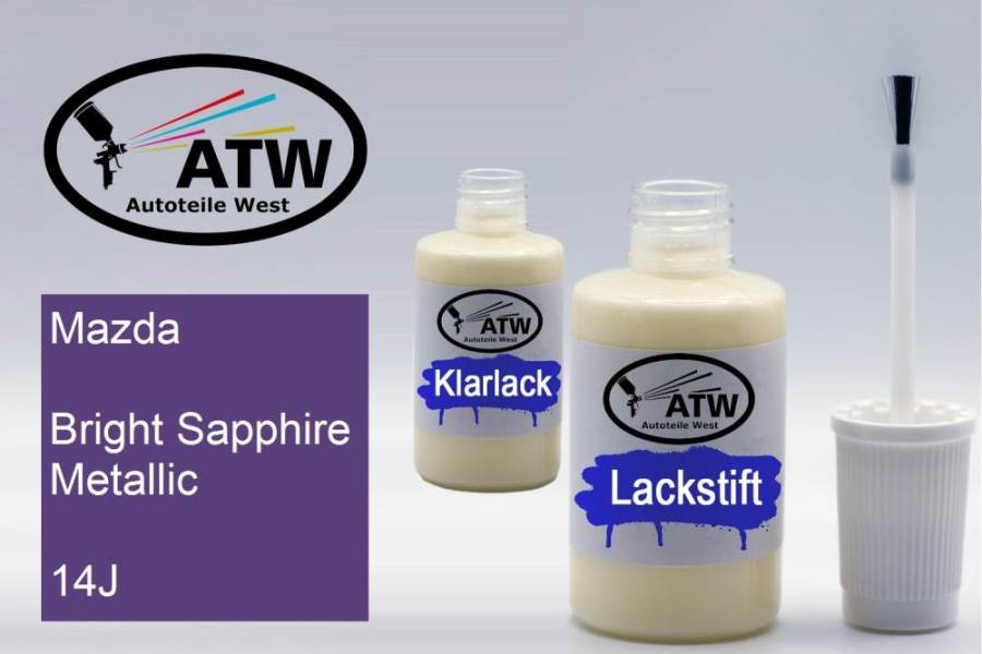 Mazda, Bright Sapphire Metallic, 14J: 20ml Lackstift + 20ml Klarlack - Set, von ATW Autoteile West.